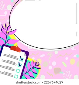 Papel con plano sobre fondo de color brillante. Soporte de texto blanco con información importante. Burbuja de voz vacía para el mensaje principal. El globo de diálogo contiene anuncios.