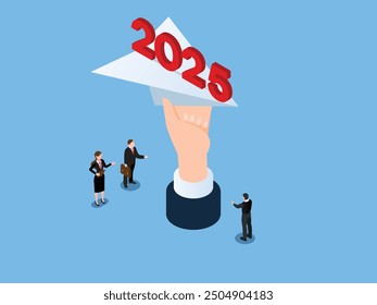 Paper plane with 2025 inside 3d isometric vector illustration