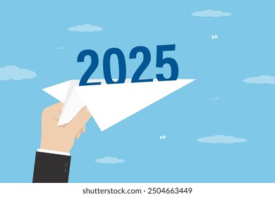 Plano de papel con 2025 en mano. Empezando el año nuevo, celebrando. Tema de negocios, vuelo y viajes. Avión de papel del lanzamiento de la mano del hombre de negocios. Ilustración vectorial plana