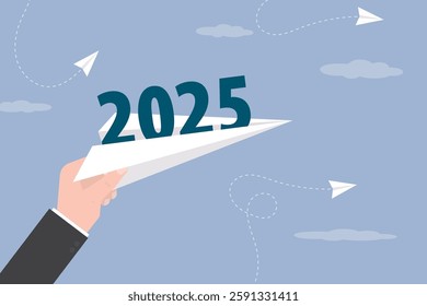 Paper plane with 2025 text inside. New opportunities, goals and expectations. Starting new year. Business theme, flight and travelling. Businessman hand launch paper plane. flat vector illustration