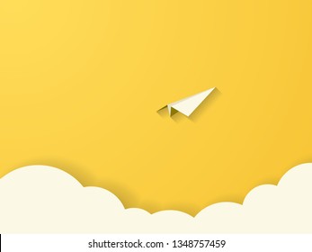 Paper plane above clouds vector concept. Paper layers cutout vector style. Symbol of freedom, adventure, voyage, mission, leadership and discovery. Eps10 vector illustration.