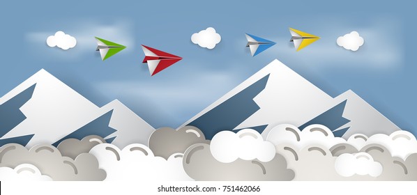 Paper plane above cloudy sky and mountain vector illustration, paper cut art and craft style