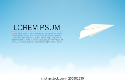 Paper plane against sky with clouds. Vector illustration