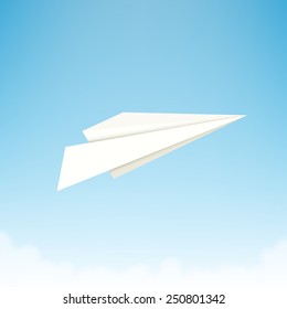 Paper plane against sky with clouds. Vector illustration