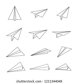 Paper plane or aircraft simple outline style icon set. Vector illustration.