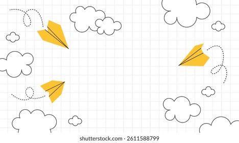 Paper plane background. Flying airplane. School note poster with color paper plane fly in clouds and sky. Kids plane flight in air. Startup origami plane concept. Vector illustration.