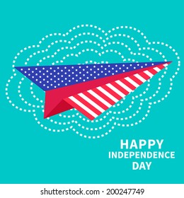 Paper plane and big cloud. Dash line. Happy independence day United states of America. 4th of July. Vector illustration