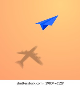 Paper plane with big realistic shadow. Dream concept