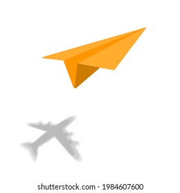 Paper plane with big realistic shadow. Dream concept
