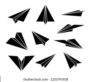 Paper plane. Black silhouette. Set of airplane icons. Isolation. Vector