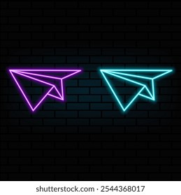 Paper plane blue glowing neon ui ux icon. Glowing sign logo vector