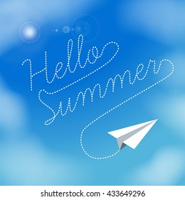 Paper plane in a blue sky with clouds. Hello Summer text. Vector illustration. Summer and vacation theme. Freedom concept