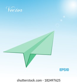 Paper Plane in  Blue Sky,  Sunlight. Vector