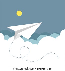 Paper plane in blue sky. Vector illustration of a flat design.