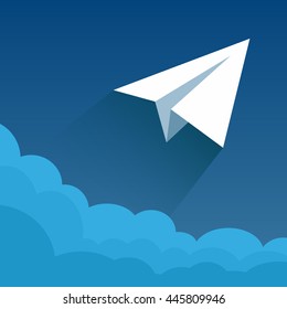 Paper plane in blue sky. Vector illustration of a flat design. Illustration for online stores. Illustration for presentations. Illustration for advertising.