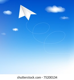 Paper Plane In Blue Sky, Vector Illustration