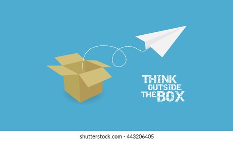 paper plane and paper box with text"think outside the box" vector illustration motivation concept background