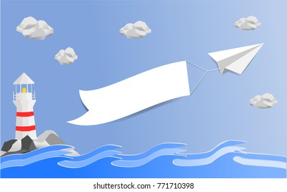 Paper plane carrying white sheet for copy space in the sky above the ocean. Illustration vector