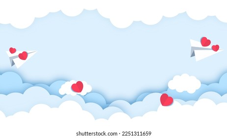 Papierflieger, Wolke, Herz und blauer Himmelshintergrund. Vektorgrafik-Design-Karte Poster-Banner. Abstrakter Himmel der Liebe Wallpaper. Valentiner Hintergrund.