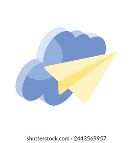 Paper plane with cloud isometric icon of cloud notification in trendy style