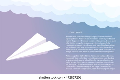 Paper plane in the clouds. Evening blue-purple sky. Vector illustration. Lorem ipsum template for text. Postcards, posters or brochures design in a flat style. Air travel and aviation concept.