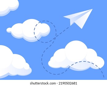 Paper Plane In Clouds. Flat Background With Folded Origami Airplane Flying Over Cartoon Clouds. Vector Business Presentation Mockup, Creativity Concept. Gliding Transport With Dashed Trail