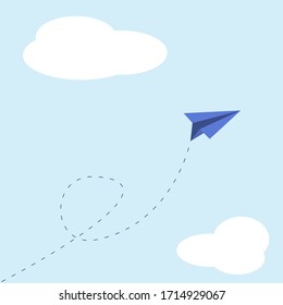 Paper plane and clouds and in sky. Plane with trace. Card with copyspacefor ad or announcement or notification. the concept of development or prospects. Vector illustration.