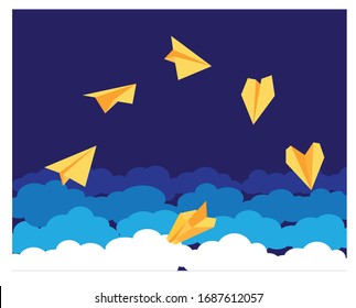 paper plane and cloudy sky, blue vector cartoon illustration 