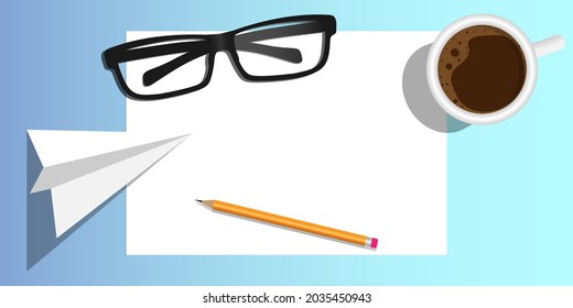 Paper  plane coffee cup eyeglasses paper and pencil  on blue background vector illustration
