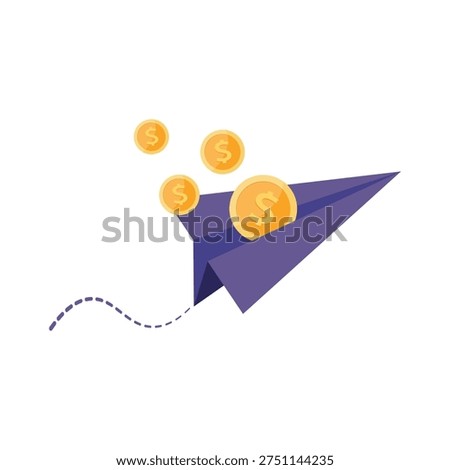Paper Plane with Coin, Send Money Concept Vector Illustration in white background