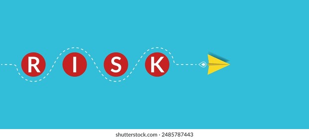 Paper plane comes around the obstacle of risk words. Risk avoidance in business concept.