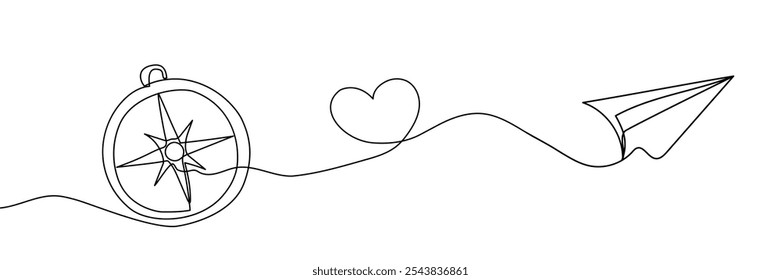 Paper plane and compass composition. Back to school education concept. Continuous one line drawing. Vector illustrations.