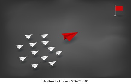 Paper plane are competing to destination on blackboard background. Business Financial concept are competition for success and corporate goal. start up