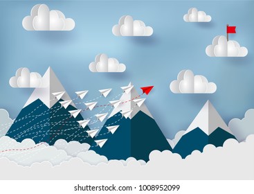 paper plane is competing with the destination through the mountains to the sky, with red flags on the clouds. Financial business idea are competing for success and corporate goal. Failure to start up.