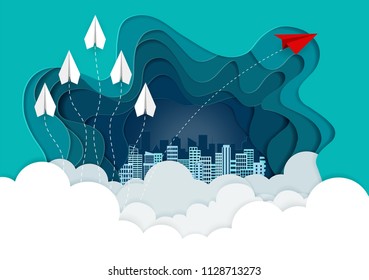 Paper plane are competing to destinations up to the sky go to success goal. business financial concept. leadership. creative idea. illustration vector. start up. paper art style