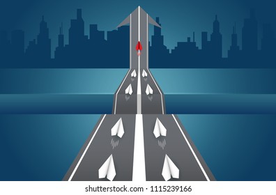 Paper plane are competing on road there is a gap. go to destination. leadership. business Financial concepts are competing for success and corporate goals. there is a high competition. start up
