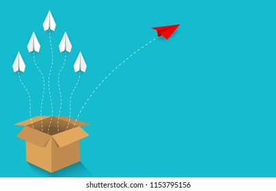 Paper plane are competition from the brown box go to destination up to the sky go to success goal. business financial concept. leadership. creative idea. illustration vector. start up.