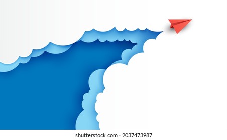 El avión de papel es la competencia para destinar hasta las nubes y el cielo va a la meta del éxito. concepto financiero. liderazgo. idea creativa. paisaje natural y concepto de negocio por arte de papel. vector.