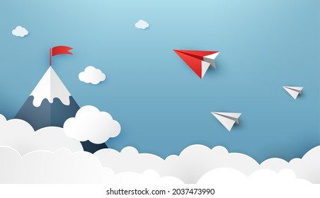 Paper plane are competition to destination up to the clouds and sky go to success goal. financial concept. leadership. creative idea. nature landscape and concept of business by paper art. vector.