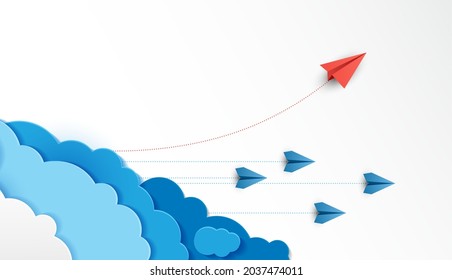 Paper plane are competition to destination up to the clouds and sky go to success goal. financial concept. leadership. creative idea. nature landscape and concept of business by paper art. vector.