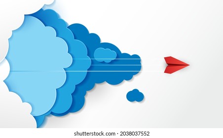 Paper plane are competition to destination up to the clouds and sky go to success goal. financial concept. leadership. creative idea. nature landscape and concept of business by paper art. vector.