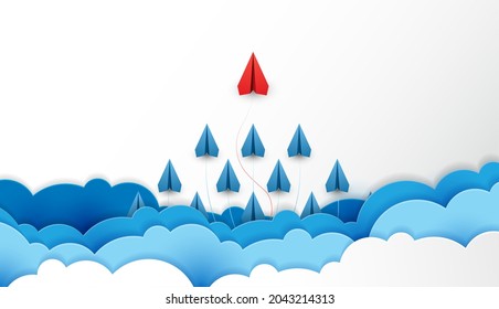 Paper plane are competition to destination up to the clouds and sky go to success goal. financial concept. leadership. creative idea. nature landscape and concept of business by paper art. vector.