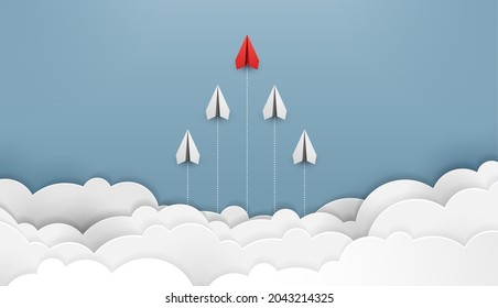 Paper plane are competition to destination up to the clouds and sky go to success goal. financial concept. leadership. creative idea. nature landscape and concept of business by paper art. vector.