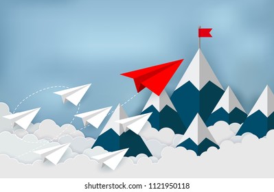 Paper plane are competition to destination up to the sky go to success goal. business financial concept. leadership. creative idea. illustration vector. start up. paper art style