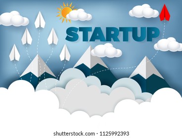 Paper plane are competition to destination up to the sky go to success goal. business financial concept. leadership. creative idea. illustration vector. start up. paper art style