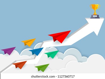 Paper plane are competition to destination up to the sky on a arrow white go to success goal. business financial concept. leadership. creative idea. illustration vector. start up. paper art style