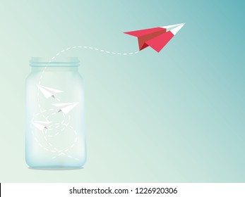 Paper plane are competition from the Glass bottles to destination up to the sky go out form Comfort Zone success goal. idea, business startup concept, leadership, creative, illustration vector.