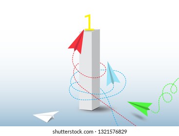 Paper plane competition to number one, business competition leadership ambitious successful goal concept vector illustration