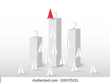 Paper plane competition with red paper plane ahead on number one podium, business competition leadership ambitious successful goal concept vector illustration