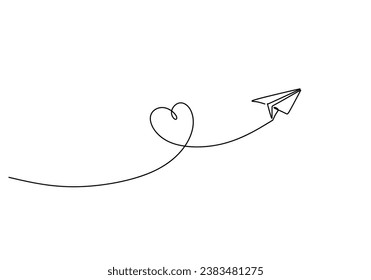 Paper plane in continuous line art drawing. One outline with heart symbol. Travel love airplane. Vector illustration isolated. Minimalist design handdrawn.